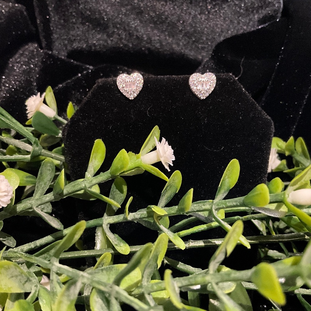 Heart Studs with Baguettes Moissanite 925 Sterling Silver Screw Backs